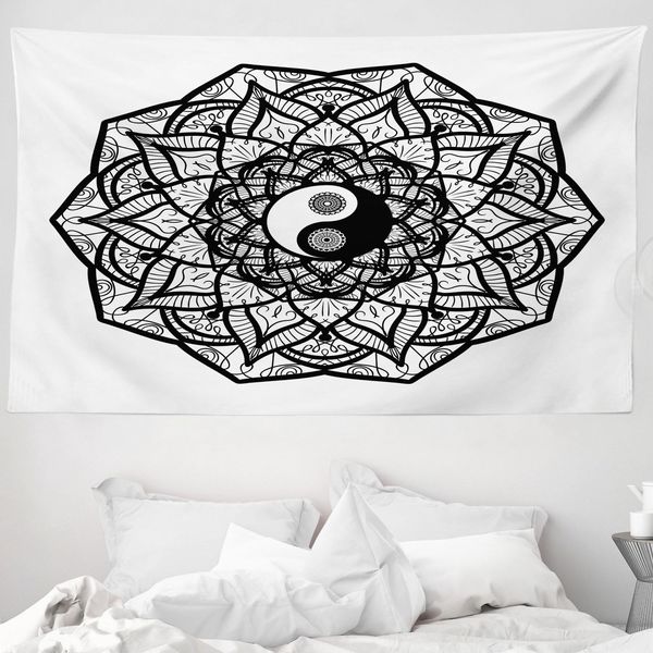 Abakuhaus Arazzo Giapponese, Ying Yang Bianco Nero In Morbido Tessuto Microfibra Lavabile Senza Scolorimento Stampa Digitale, 230 X 140 Cm, Bianco Nero-image