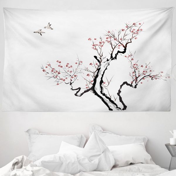 Abakuhaus Arazzo Floreale, Classico Asiatico In Morbido Tessuto Microfibra Lavabile Senza Scolorimento, Stampa Digitale, 230 X 140 Cm, Grigio Bianco-image