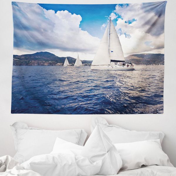Abakuhaus Arazzo Nautico, Barca A Vela Sul Mare In Morbido Tessuto Microfibra Lavabile Senza Scolorimento Stampa Digitale, 150 X 110 Cm, Blu E Bianco-image