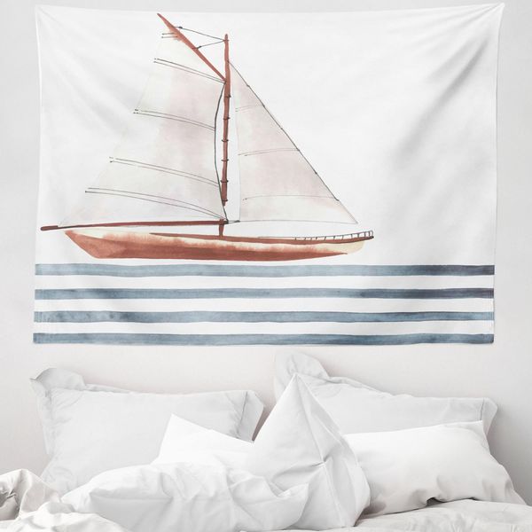 Abakuhaus Arazzo Nautico, Tema Barca A Vela Onde In Morbido Tessuto Microfibra Lavabile Senza Scolorimento Stampa Digitale, 150 X 110 Cm, Cannella Azzurro Pallido-image
