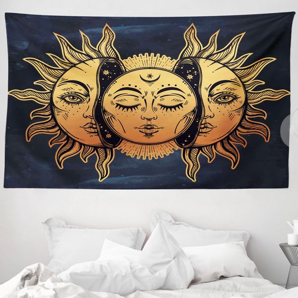Abakuhaus Arazzo Psichedelico, Mystic Luna Sole In Morbido Tessuto Microfibra Lavabile Senza Scolorimento Stampa Digitale, 230 X 140 Cm, Giallo Blu Scuro-image