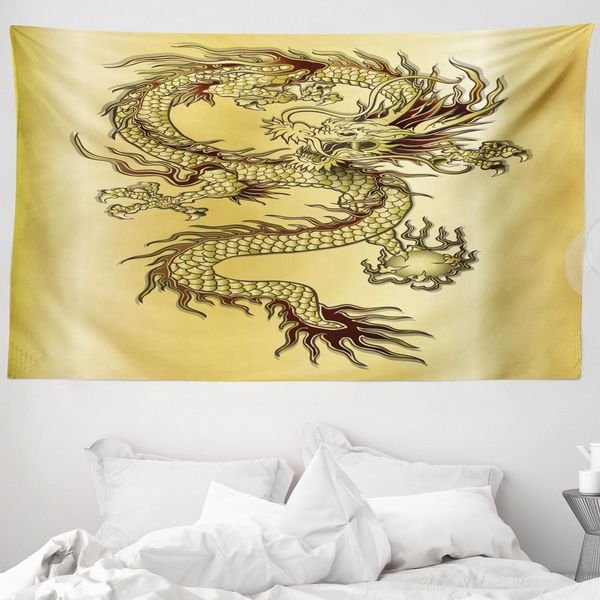 Abakuhaus Arazzo Con Draghi, Mito Della Cina Orientale In Morbido Tessuto Microfibra Lavabile Senza Scolorimento Stampa Digitale, 230 X 140 Cm, Nero Senape-image