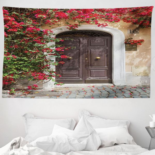 Abakuhaus Arazzo Marocchino, Porta Antica Con Fiori In Morbido Tessuto Microfibra Lavabile Senza Scolorimento Stampa Digitale, 230 X 140 Cm, Multicolore-image