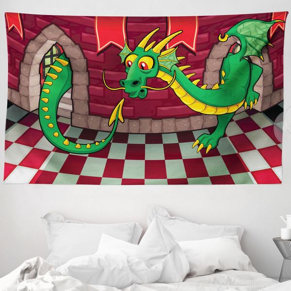 Abakuhaus Arazzo Caricaturale, Castello Con Drago In Morbido Tessuto Microfibra Lavabile Senza Scolorimento Stampa Digitale, 230 X 140 Cm, Verde Rubino-image