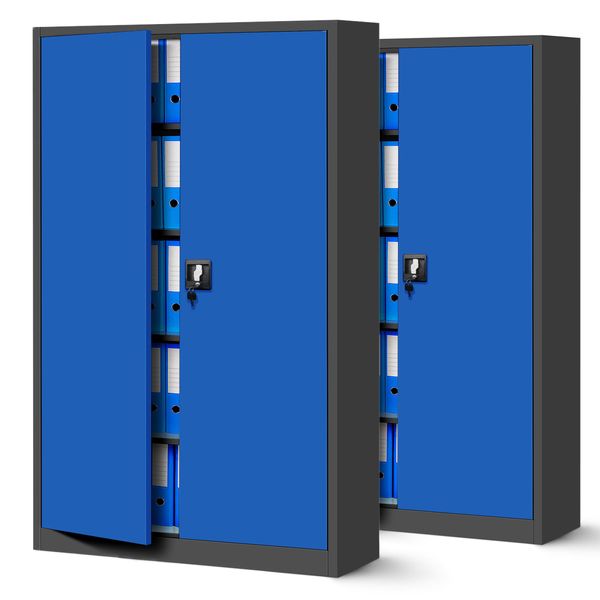2X Armadio Per Ufficio C001II Armadio Per Archiviazione Armadio Multiuso Armadio In Metallo 4 Ripiani Verniciatura A Polvere 185 X 115 X 40 Cm Blu Antracite-image