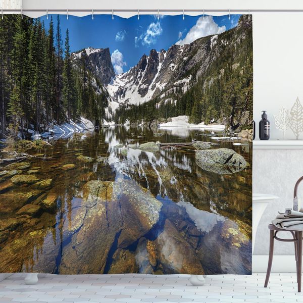 Abakuhaus Tenda Da Doccia Paesaggistica, Mountain Lake Park West, Stampa Personalizzata, 12 Ganci Inclusi, Colori Resistenti, Decorativa Con Colori Chiari, 175 X 180 Cm, Verde-Marrone-Blu-image
