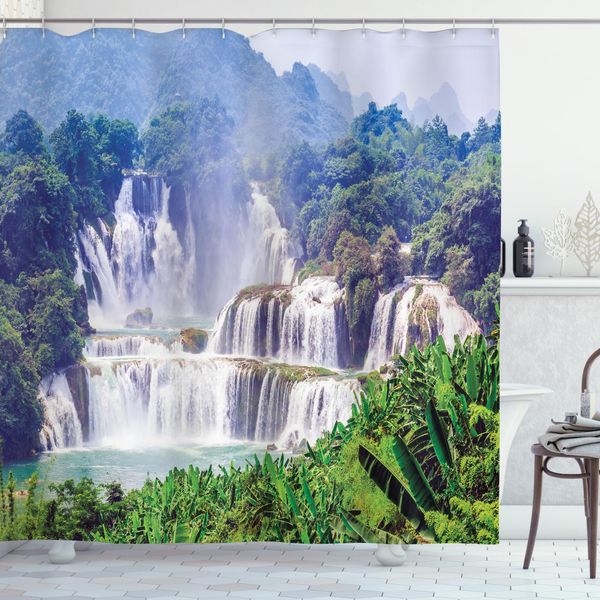 Abakuhaus Tenda Da Doccia Naturale, Cascata Pianta Tropicale, Stampa Digitale Su Tessuto, Incl. 12 Ganci, Resistente Allo Scolorimento E Ai Batteri, 175 X 180 Cm, Verde Bosco E Azzurro-image