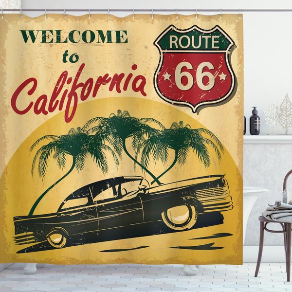 Abakuhaus Tenda Da Doccia Retrò, Pubblicità California, Con Set Di 12 Anelli Impermeabile Elegante Moderna Colori Resistenti E Antimuffa, 175 X 180 Cm, Rosso Smeraldo-image
