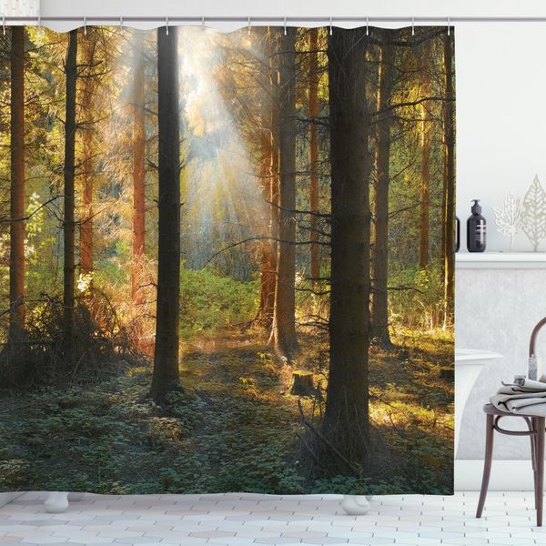 Abakuhaus Tenda Da Doccia Wald, Tramonto Pino Scuro, Stampa Digitale Moderna Con 12 Ganci Su Tessuto Resistente All'acqua E Ai Batteri, 175 X 180 Cm, Arancione Verde-image