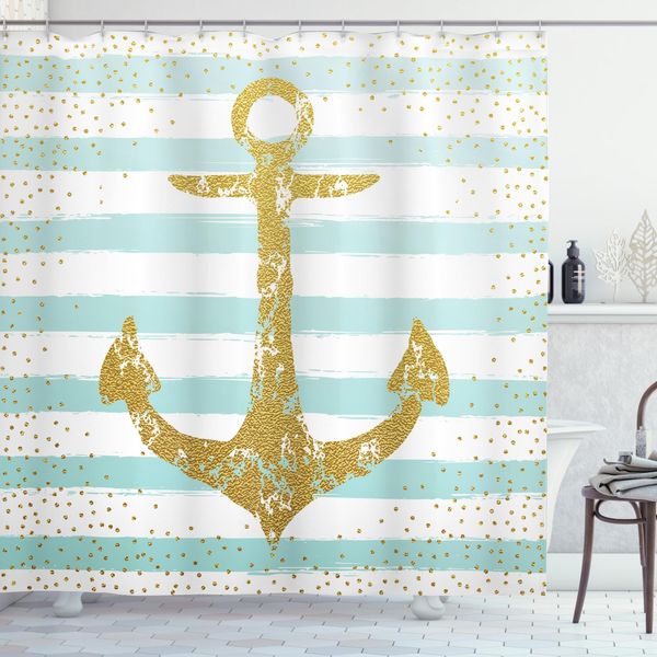Abakuhaus Tenda Da Doccia Anker, Marine Golden Anchor, Con Set Di 12 Anelli Impermeabile Elegante Moderna Colori Resistenti E Antimuffa, 175 X 180 Cm, Azzurro Bianco-image