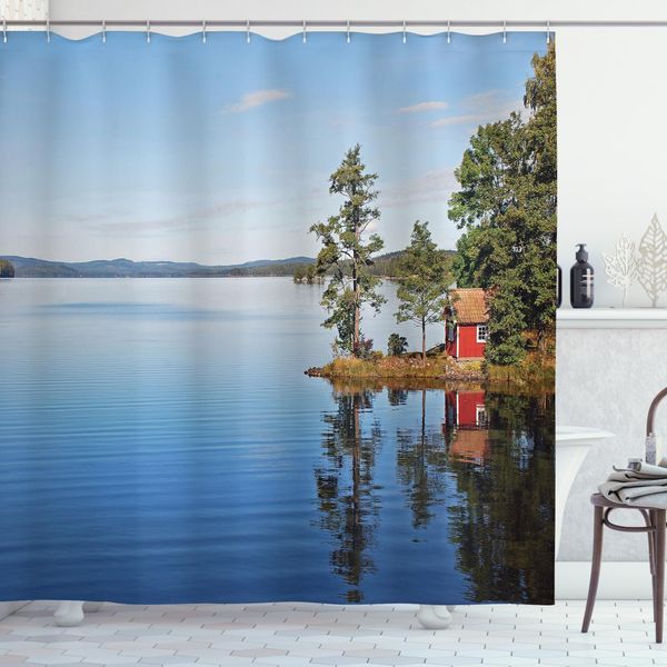 Abakuhaus Tenda Da Doccia Paesaggistica, Land Lake House, Stampa Personalizzata, 12 Ganci Inclusi, Colori Resistenti, Decorativa Con Colori Chiari, 175 X 180 Cm, Multicolore-image