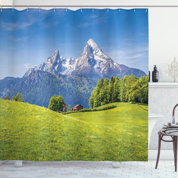 Abakuhaus Tenda Da Doccia Berg, Alpi Con Prato Flora, Acqua Opaca Incl. 12 Anelli Lunga Durata Resistente A Batteri E Muffe, 175 X 180 Cm, Blu Verde-image