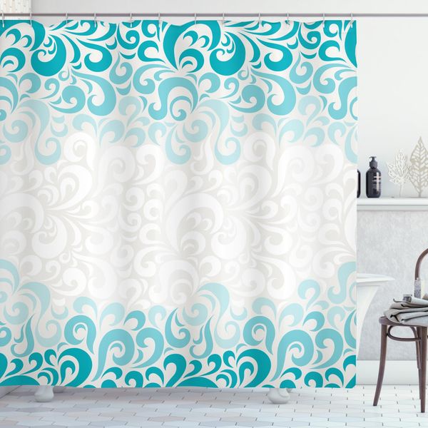 Abakuhaus Tenda Da Doccia Turchese, Disegno Floreale Classico, Stampa Personalizzata, Incl. 12 Ganci, Colori Resistenti, Decorativa Con Colori Chiari, 175 X 180 Cm, Turchese Verde Acqua Bianco-image