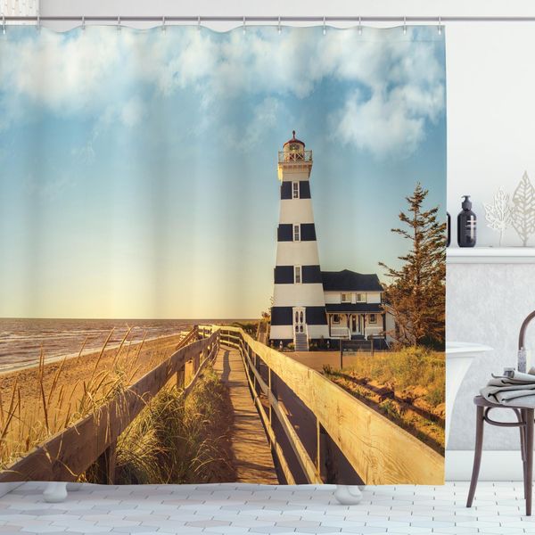 Abakuhaus Tenda Da Doccia Con Motivo Faro, Mare E Onde, Con Set Di 12 Anelli Impermeabile Elegante Moderna Colori Resistenti E Antimuffa, 175 X 180 Cm, Multicolore-image