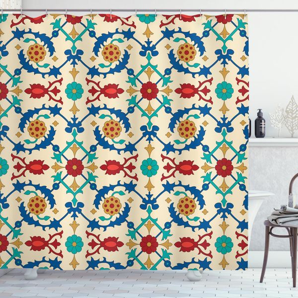 Abakuhaus Tenda Da Doccia Marocchina, Ethnic Baroque Floral, Stampa Digitale Moderna Con 12 Ganci Su Tessuto Resistente All'acqua E Ai Batteri, 175 X 180 Cm, Multicolore-image