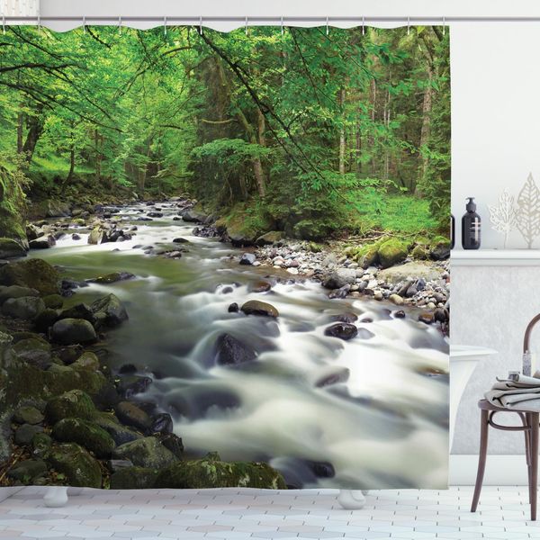 Abakuhaus Tenda Da Doccia Wald, Riverbed Rock Trees, Stampa Personalizzata, 12 Ganci Inclusi, Colori Resistenti, Decorativa Con Colori Chiari, 175 X 180 Cm, Verde-Grigio-Bianco-image