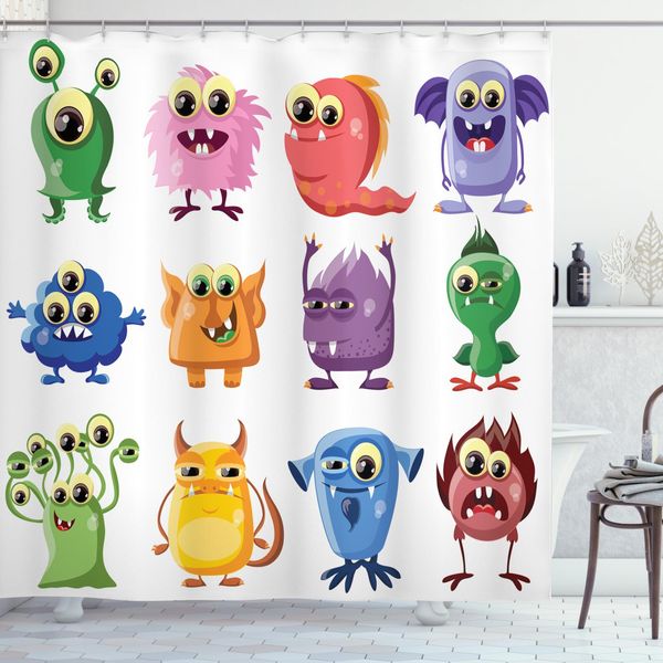 Abakuhaus Tenda Da Doccia Divertente, Cartoni Animati Alieni Mostri, Sapone Batteri Muffa E Resistente All'acqua, Incl. 12 Ganci E Colori Resistenti, 175 X 180 Cm, Multicolore-image