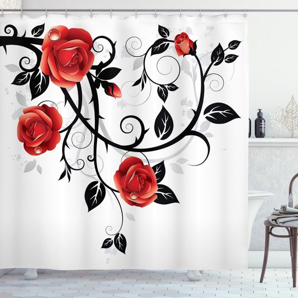 Abakuhaus Tenda Da Doccia Gotica, Giardino Di Rose Vorticose, Con Set Di 12 Anelli Impermeabile Elegante Moderna Colori Resistenti E Antimuffa, 175 X 180 Cm, Vermilion Bianco E Nero-image