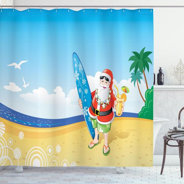 Abakuhaus Tenda Da Doccia Natalizia, Sankt Auf Strand-Brandung, Stampa Digitale Su Tessuto, Incl. 12 Ganci, Resistente Al Lavaggio, Resistente All'acqua E Ai Batteri, 175 X 180 Cm, Blu E Giallo-image