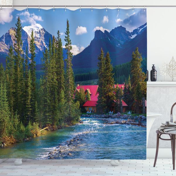 Abakuhaus Tenda Da Doccia Naturale, Lake Louise Banff Village, Resistente A Batteri E Muffe, Incl. 12 Ganci Lavabile Elegante Stampa Digitale, 175 X 180 Cm, Turchese Waldgren-image