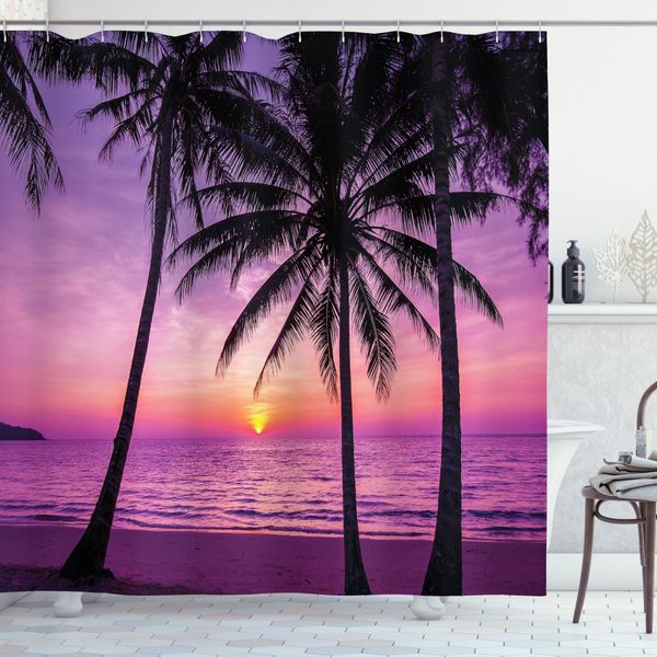 Abakuhaus Tenda Da Doccia Ocean, Silhouette Di Palme Viola, Resistente Ai Batteri E Alla Muffa, Incl. 12 Ganci Lavabile Elegante Stampa Digitale, 175 X 180 Cm, Viola Nero-image