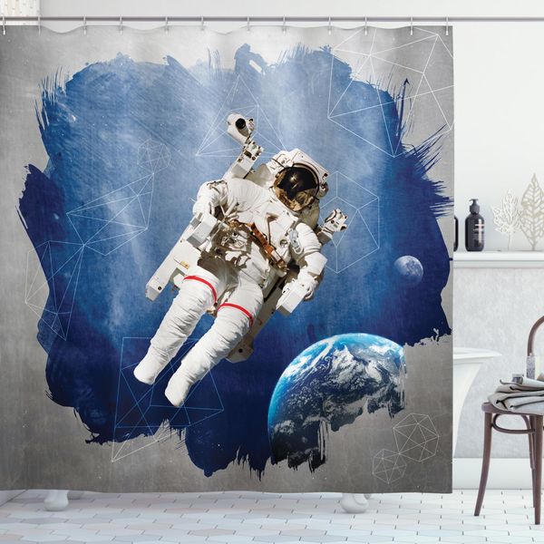 Abakuhaus Tenda Da Doccia Spaziale, Planet Earth Art Outer, Stampa Digitale Su Tessuto, Incl. 12 Ganci, Resistente Al Lavaggio, Resistente Ai Batteri, 175 X 180 Cm, Blu Pieghevole-image