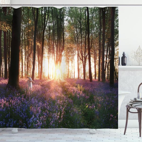 Abakuhaus Tenda Da Doccia Wald, Alba Nei Boschi In Primavera, Stampa Personalizzata Incl. 12 Ganci Colori Resistenti Decorativa Con Colori Chiari, 175 X 180 Cm, Viola Verde-image