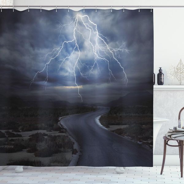 Abakuhaus Tenda Da Doccia Naturale, Temporale Sulla Strada, Stampa Digitale Su Tessuto, Incl. 12 Ganci, Resistente Al Lavaggio, Resistente Ai Batteri, 175 X 180 Cm, Blu Scuro Grigio-image