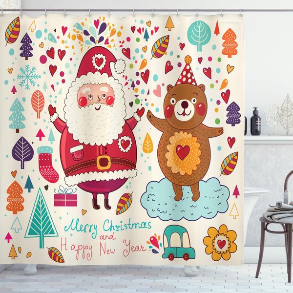 Abakuhaus Tenda Da Doccia Natalizia, Babbo Natale E Orsacchiotto, Set Incl. 12 Ganci In Tessuto Impermeabile Resistente A Batteri E Muffe, 175 X 180 Cm, Multicolore-image