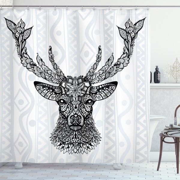 Abakuhaus Tenda Da Doccia Con Motivo Cervo, Bohem Ethnic Deer, Resistente A Saponi, Batteri, Muffe E Acqua, Incl. 12 Ganci E Colori Resistenti, 175 X 180 Cm, Bianco E Nero-image