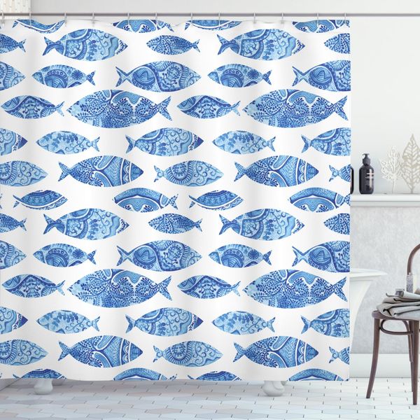 Abakuhaus Tenda Da Doccia Blu, Motivi Acquerellati Blu, Resistente A Sapone, Batteri, Muffa E Acqua, Incl. 12 Ganci E Colori Resistenti, 175 X 180 Cm, Blu-image