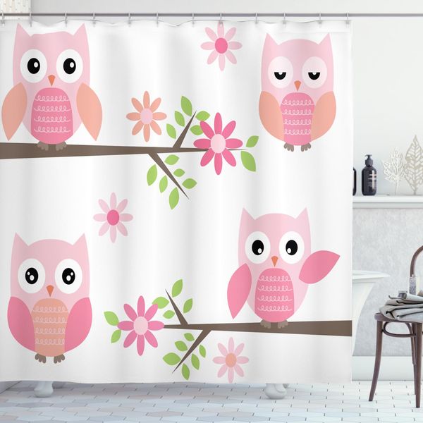 Abakuhaus Tenda Da Doccia Con Gufi, Primavera Gufetti Floreali, Stampa Personalizzata, Incl. 12 Ganci, Colori Resistenti, Decorativa Con Colori Chiari, 175 X 180 Cm, Rosa, Verde E Bianco-image