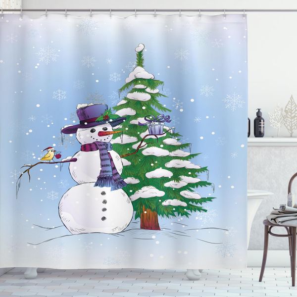 Abakuhaus Tenda Da Doccia Natalizia, Pupazzo Di Neve E Albero, Resistente Ai Batteri E Alla Muffa, Incl. 12 Ganci Lavabile Elegante Stampa Digitale, 175 X 180 Cm, Blu Verde-image