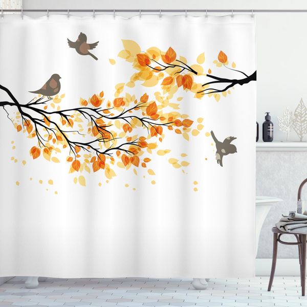Abakuhaus Tenda Da Doccia Fallen, Uccelli In Volo E Foglie, Stampa Digitale Su Tessuto, Incl. 12 Ganci, Resistente Allo Scolorimento, All'acqua E Ai Batteri, 175 X 180 Cm, Giallo Crema-image