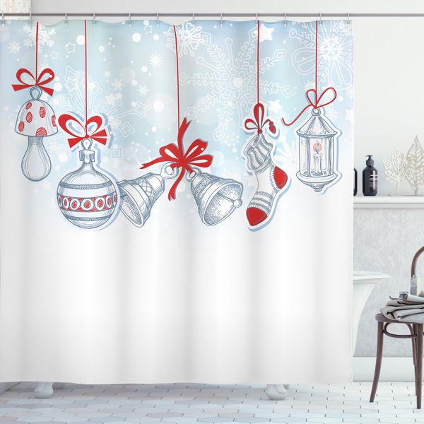 Abakuhaus Tenda Da Doccia Natalizia, Stile Retrò, Resistente A Batteri E Muffe, Incl. 12 Ganci Lavabile Elegante Stampa Digitale, 175 X 180 Cm, Bianco E Rosso-image