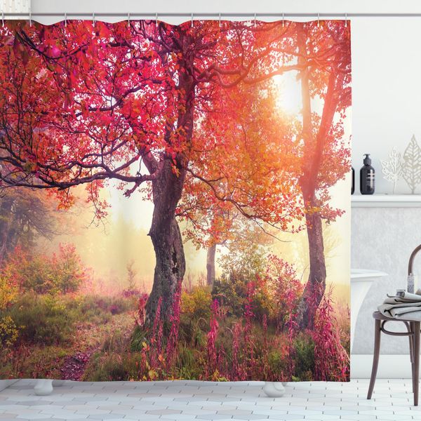 Abakuhaus Tenda Da Doccia Wald, Fiori Nel Parco In Autunno, Resistente A Batteri E Muffe, Incl. 12 Ganci Lavabile Elegante Stampa Digitale, 175 X 180 Cm, Rosso-Marrone-image
