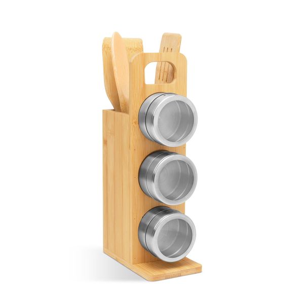 Portaspezie Magnetico In Bambù Con Utensili Da Cucina - Barattoli Per Spezie Con Coperchi Per Spolverare - Portaspezie-image