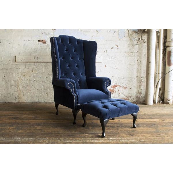 Chesterfield Wing Chair Poltrona + Sgabello Chaise Relax Televisione Divano 1 Posto Nuovo-image