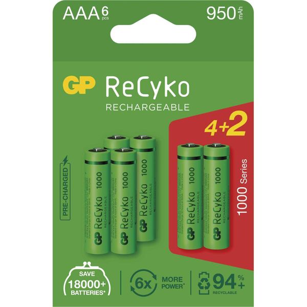 Gp Batterie Ricaricabili Recyko 1000 Aaa (HR03), 6 Pezzi, B2111V-image