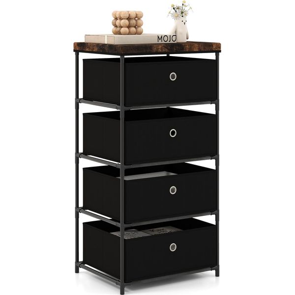 Costway Armadio In Tessuto A 4 Livelli, Comodino In Tessuto Con 4 Cassetti, Mobile Organizer Per La Casa Con Robusta Struttura In Metallo, Armadio Per Guardaroba Nero-image