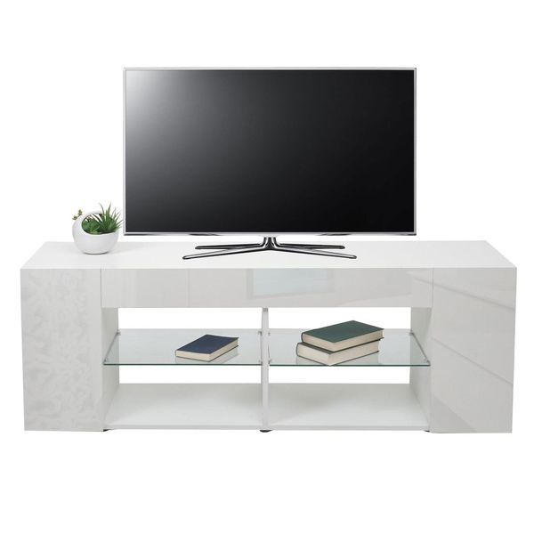 Tv-Rack MCW-L36, Tv-Board Fernsehtisch Lowboard Tv-Schrank Kommode, Holz 50X144X40Cm Staufach, Hochglanz Weiß-image