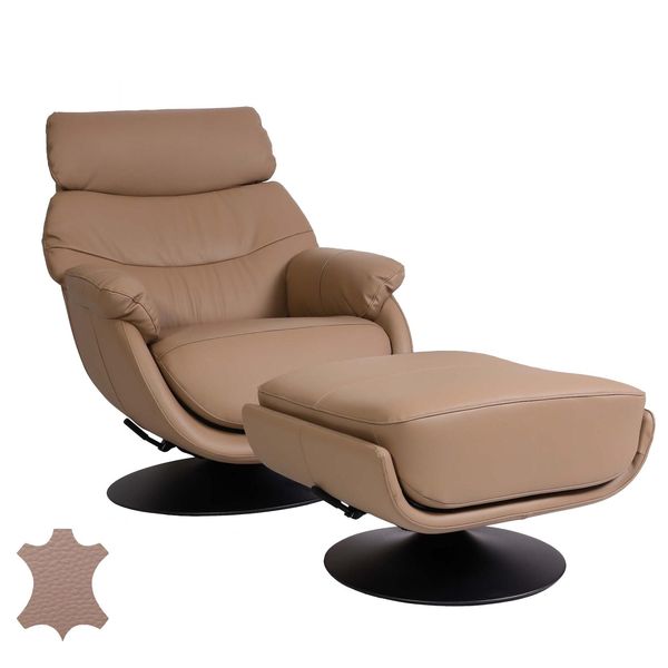 Relaxsessel Mit Hocker MCW-K99, Fernsehsessel Sessel, Wippfunktion Drehbar, Metall Echtleder/Kunstleder ~ Taupe-image