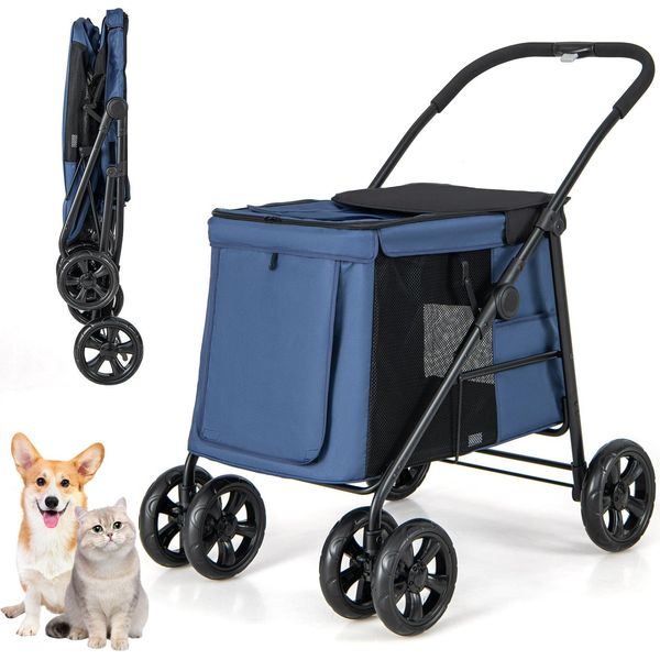 Costway Passeggino Pieghevole Per Cani, Passeggino Per Cani Fino A 40 Kg, Carrello Per Cani Con Cuscino, Finestre A Rete, 2 Porte-image