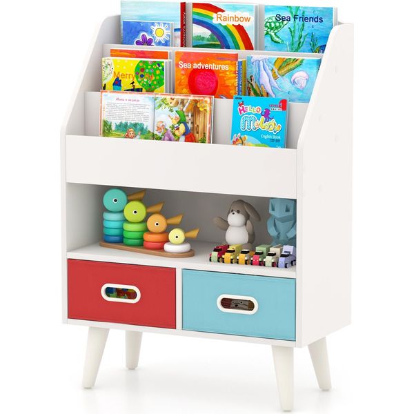 Costway Libreria Per Bambini, Scaffale Per Bambini Con 3 Ripiani, Scomparto Aperto, 2 Cassetti In Tessuto E Protezione Antiribaltamento, Organizzatore Di Giocattoli In Legno Bianco-image
