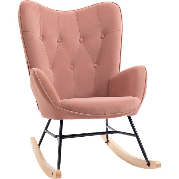 Homcom Sedia A Dondolo Con Struttura In Acciaio Imbottita Poltrona Relax Poltrona Da Salotto Con Seduta Imbottita In Gomma Poliestere Vellutata Legno Metallo Rosa+Naturale 84 X 70 X 96 Cm-image