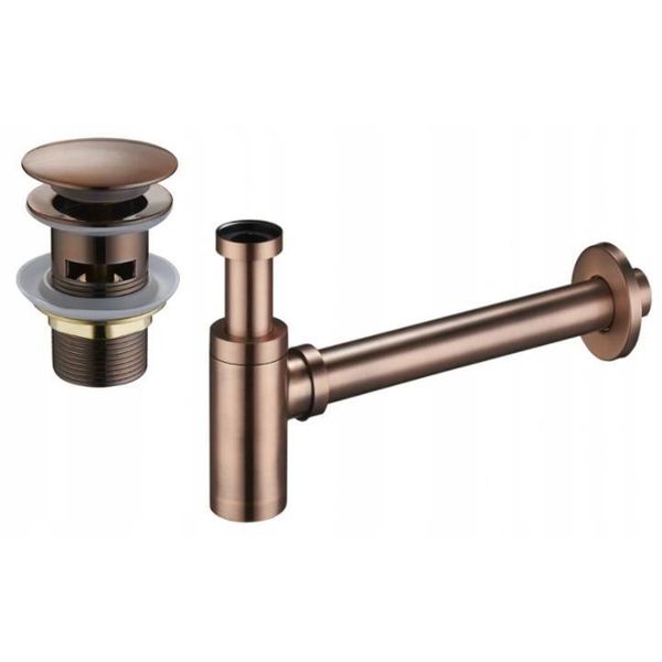 Mexen Sifone Semplificato Per Lavabo Rotondo Con Tappo Clic-Clac, Con Troppo Pieno, Rame Antico - 7992050-45-image