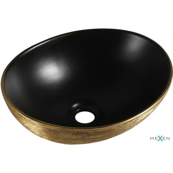 Mexen Elza Lavabo Da Appoggio 40 X 33 Cm, Nero Opaco/Motivo Oro Linee - 21014027-image