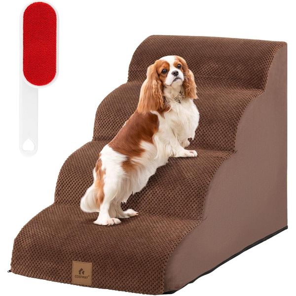 Costway Scale Per Cani 4 Gradini, Gradini Antiscivolo Per Cani In Schiuma, Scale Per Cani Gatti, Scale Per Gatti Rimovibili, Scale Per Cani Per Divano Letto, Rivestimento Lavabile (Marrone)-image