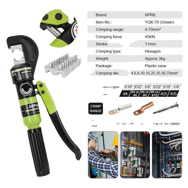 Pinza A Crimpare Idraulica, Gamma 4-70 Mm², Forza 45 Kn, YQK-70 Verde-image
