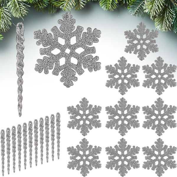 Brubaker Decorazioni Per Albero Ghiaccioli E Fiocchi Di Neve Glitter - 22-TLG. Set Di Decorazioni Per Albero Di Natale Da Appendere - Decorazioni Per Albero Di Natale A Prova Di Rottura - Decorazione, Argento-image
